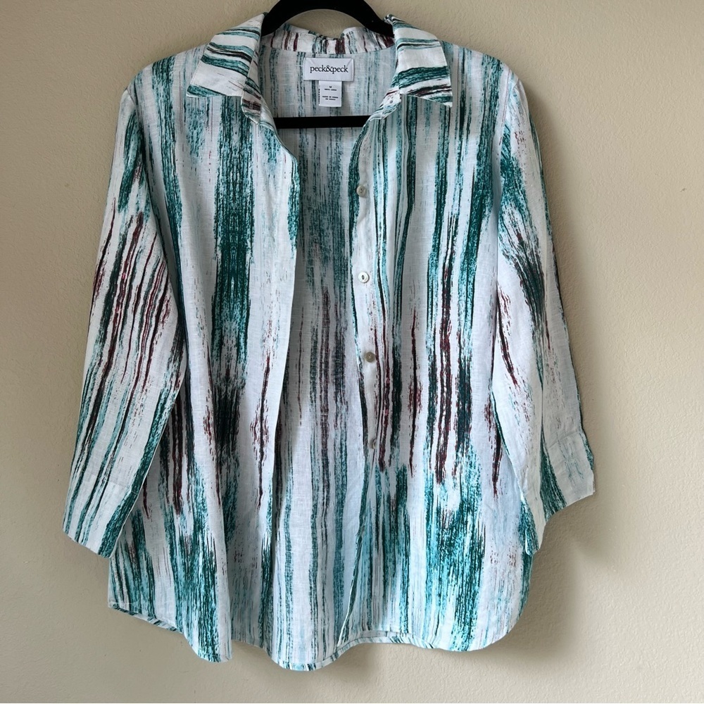 Peck & Peck White Turquoise Striped 100% Linen Button Down Shirt Size M
